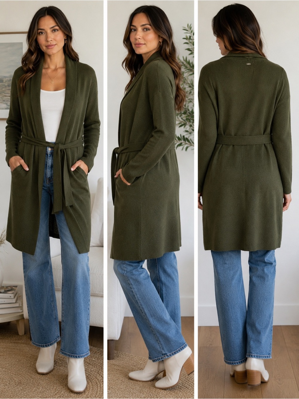 Guess Clarissa Cashmere Blend Long Cardigan XS Green Belted Side Pockets